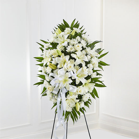 Exquisite Tribute Standing Spray-White Ribbon – Panda Flowers Canada Inc, Calgary AB