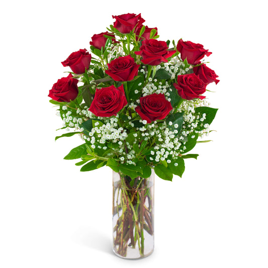 Red Roses with Babies Breath –  Panda Flowers Canada Inc, Calgary AB