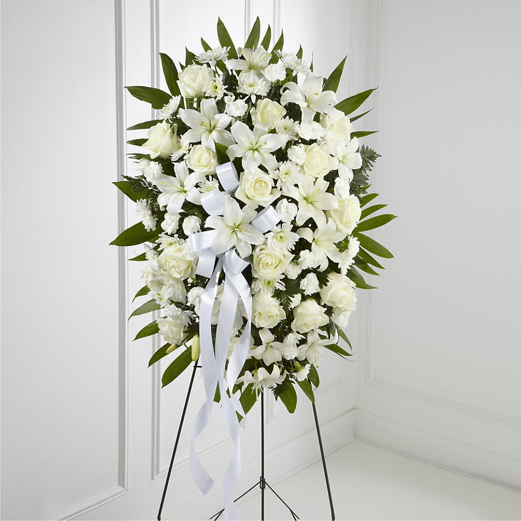 Exquisite Tribute Standing Spray-White Ribbon –  Panda Flowers Canada Inc, Calgary AB