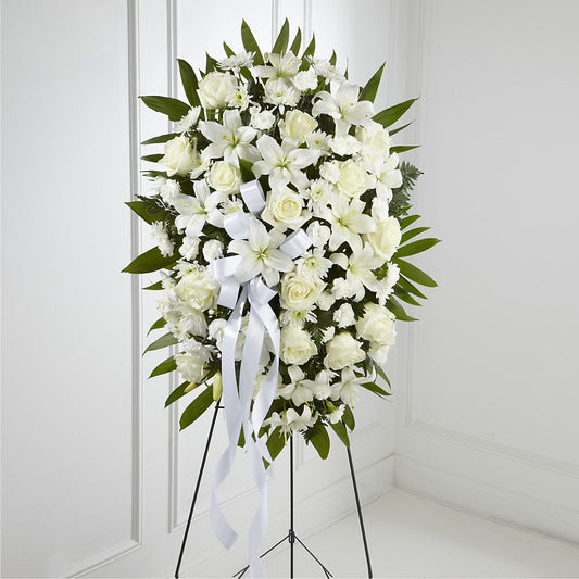 Exquisite Tribute Standing Spray-White Ribbon –  Panda Flowers Canada Inc, Calgary AB