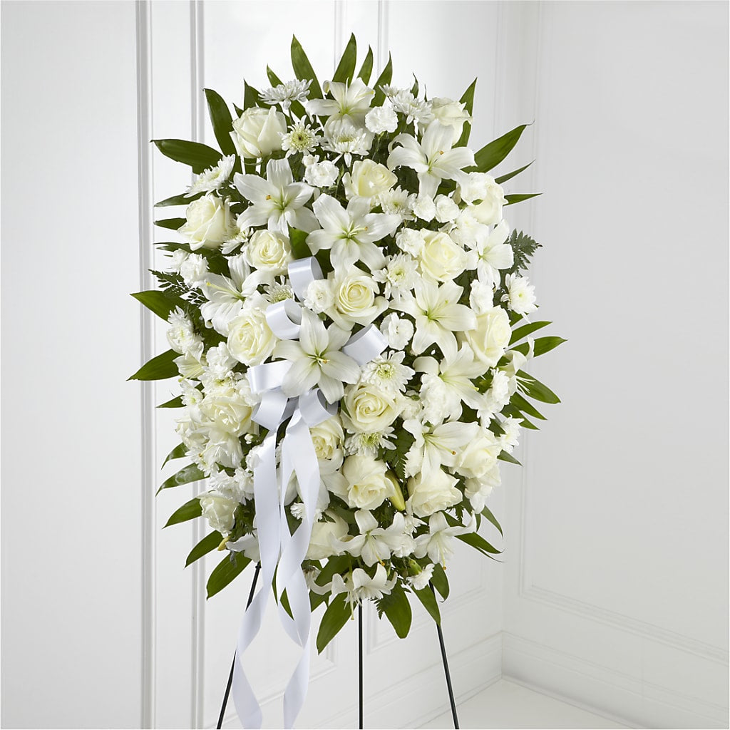 Exquisite Tribute Standing Spray-White Ribbon –  Panda Flowers Canada Inc, Calgary AB