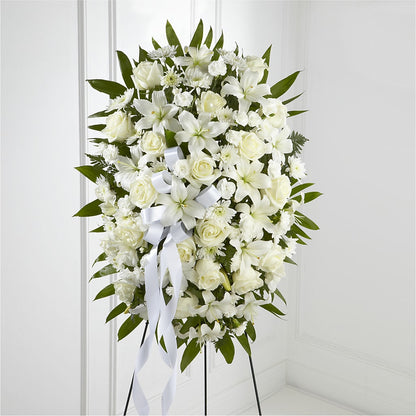 Exquisite Tribute Standing Spray-White Ribbon –  Panda Flowers Canada Inc, Calgary AB
