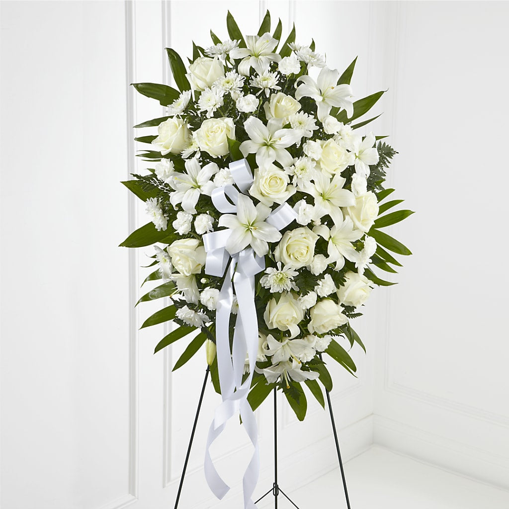 Exquisite Tribute Standing Spray-White Ribbon –  Panda Flowers Canada Inc, Calgary AB