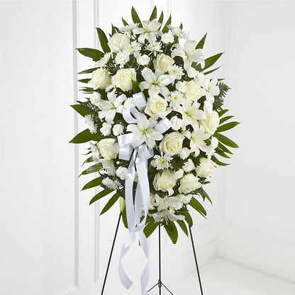 Exquisite Tribute Standing Spray-White Ribbon –  Panda Flowers Canada Inc, Calgary AB