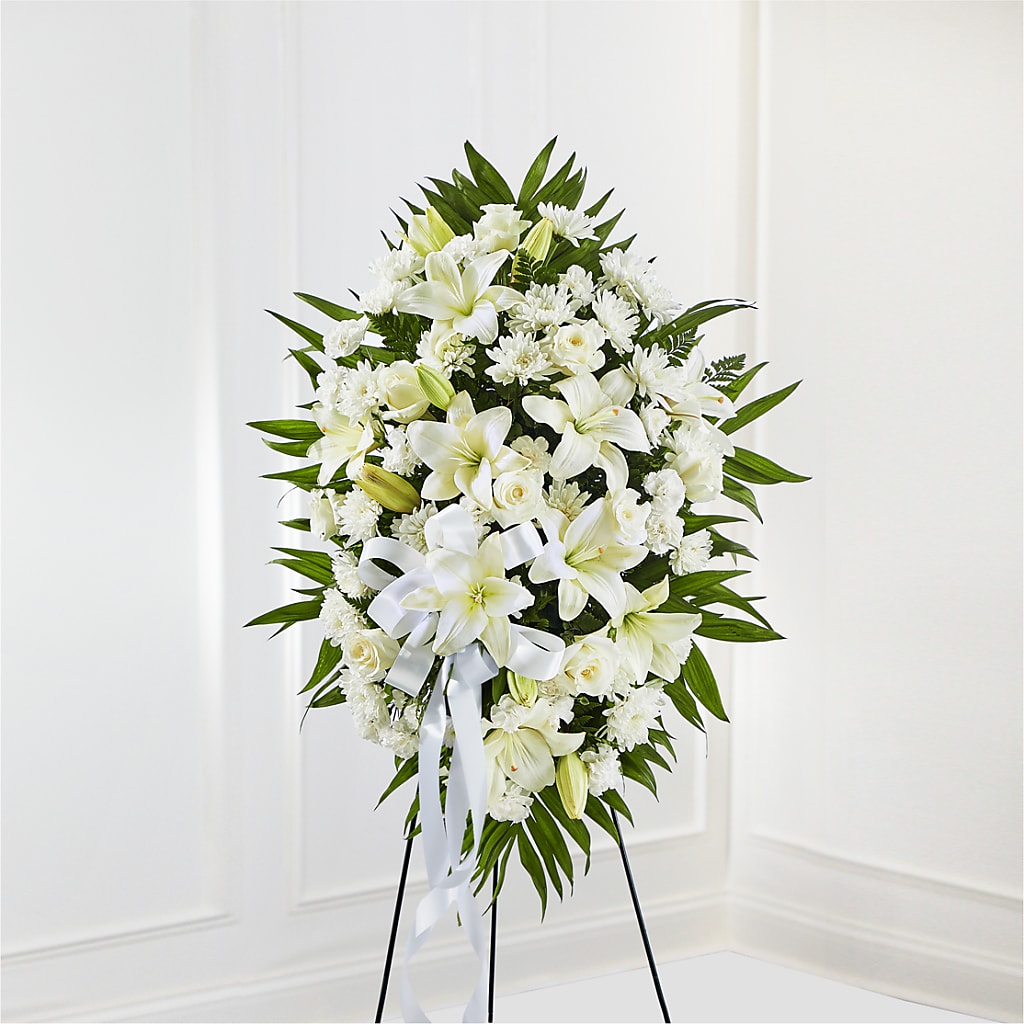 Exquisite Tribute Standing Spray-White Ribbon –  Panda Flowers Canada Inc, Calgary AB