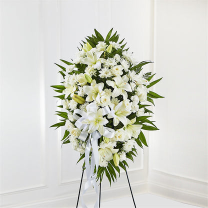 Exquisite Tribute Standing Spray-White Ribbon –  Panda Flowers Canada Inc, Calgary AB
